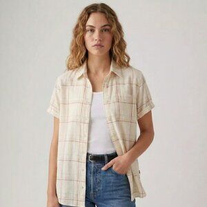 Levi's Darlene Short-Sleeve Utility Shirt Casual Cream and Red Plaid Button Up